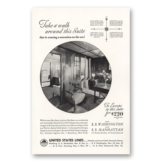 1933 United States Lines Talk a Walk Around This Suite Vintage Magazine Print Ad