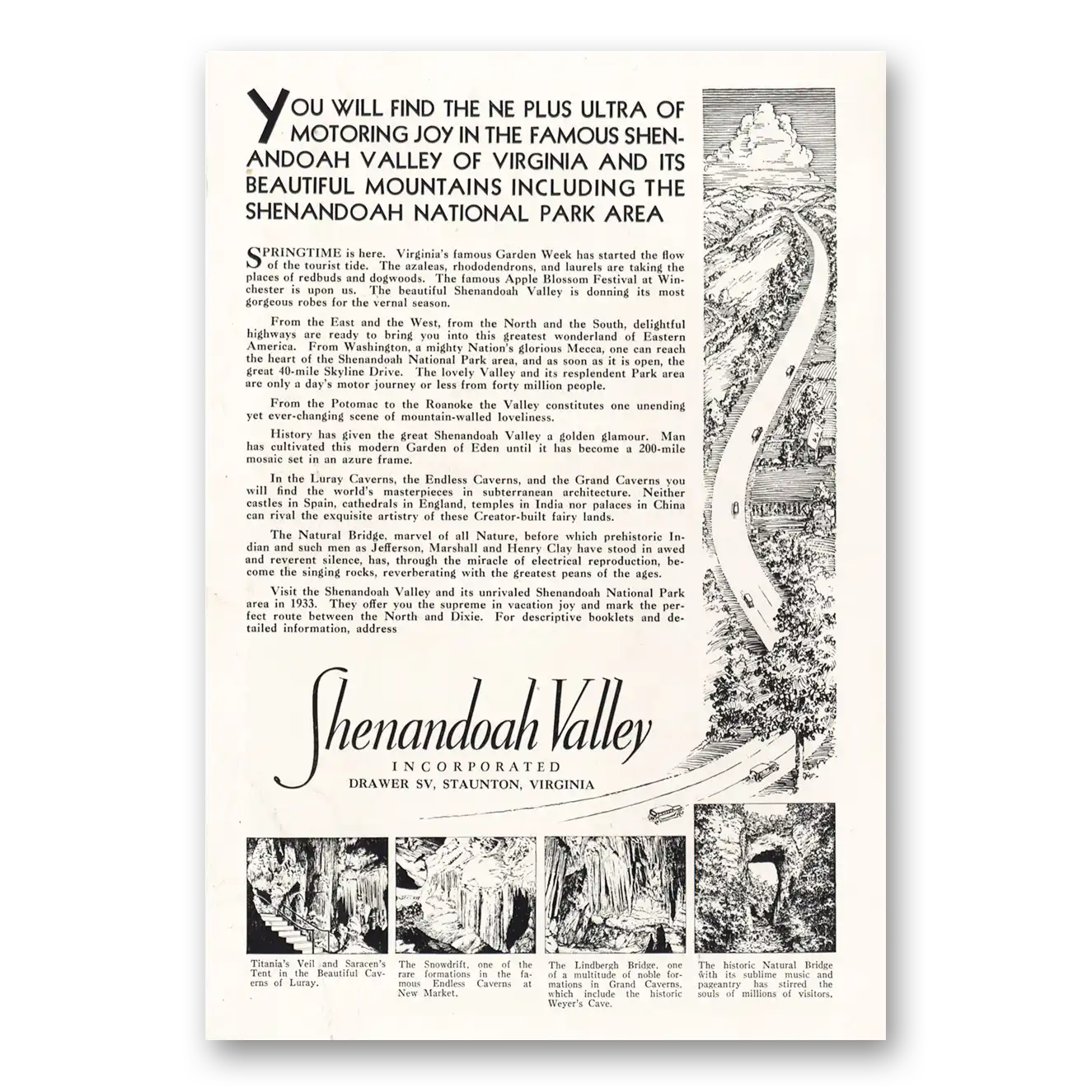 1933 Virginia Shenandoah Valley Ultra of Motoring Joy Vintage Magazine Print Ad