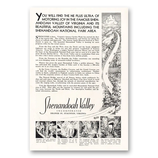 1933 Virginia Shenandoah Valley Ultra of Motoring Joy Vintage Magazine Print Ad