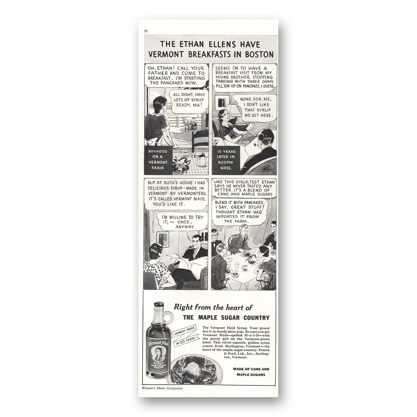 1933 Vermont Maid Syrup Ethan Ellens Breakfast Boston Vintage Magazine Print Ad