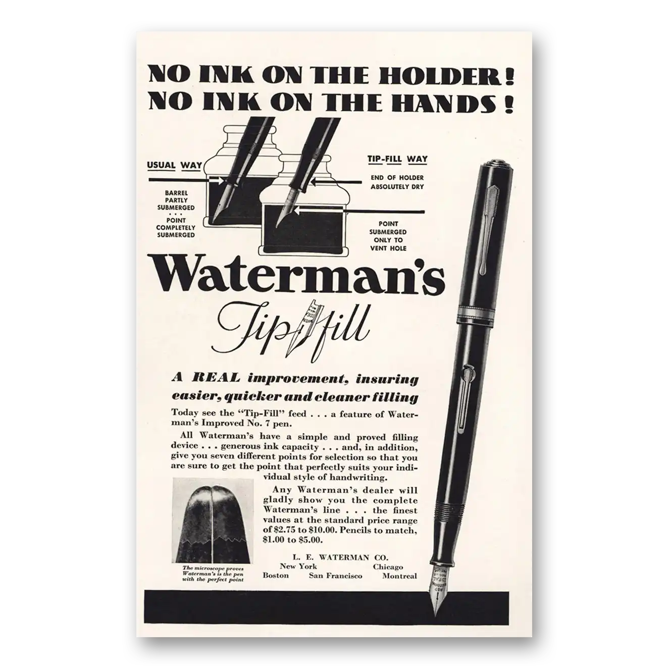 1933 Watermans Pen No Ink On the Holder Vintage Magazine Print Ad