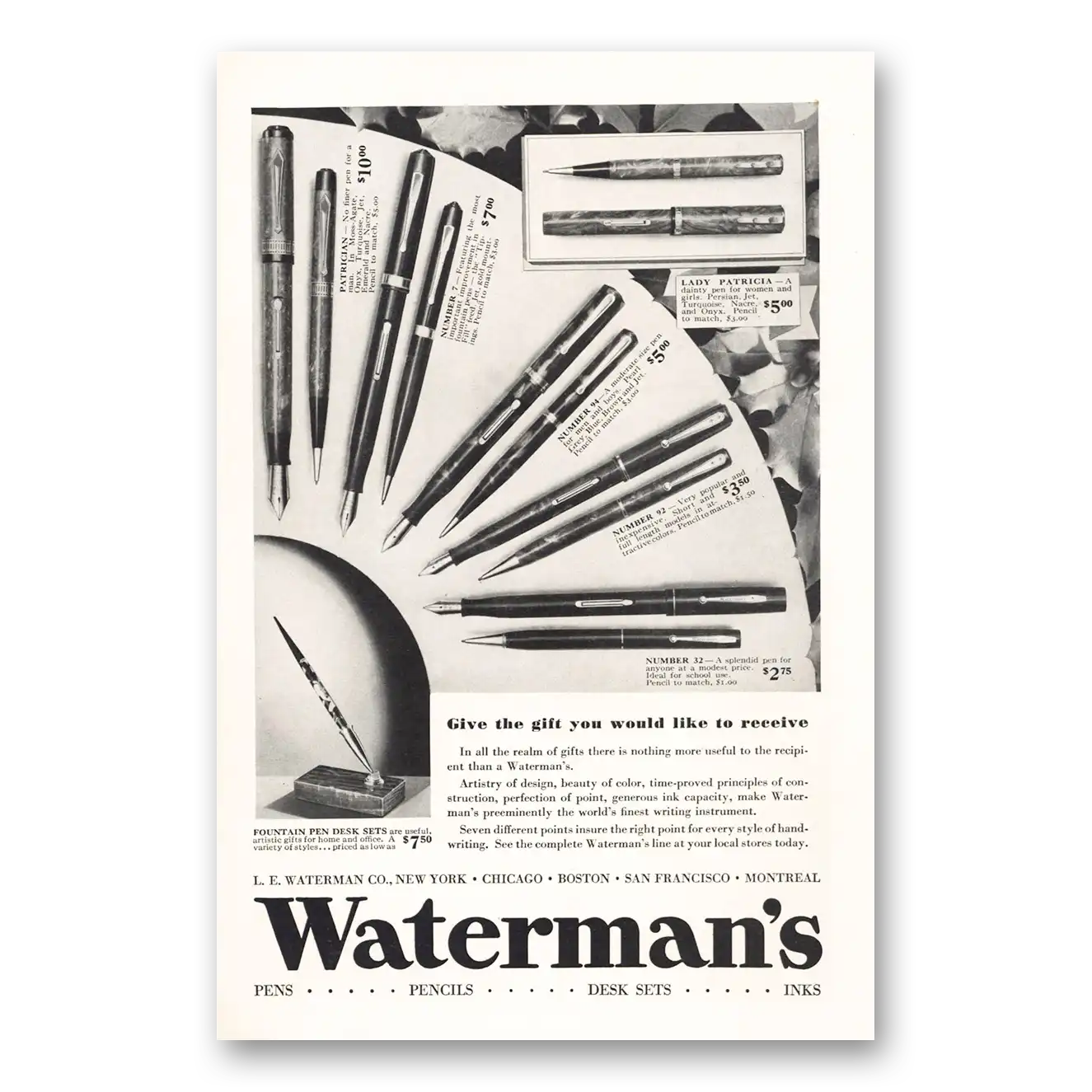 1933 Watermans Pen Give the Gift You Would Like to Receive Vintage Magazine Print Ad