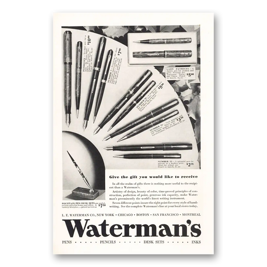 1933 Watermans Pen Give the Gift You Would Like to Receive Vintage Magazine Print Ad