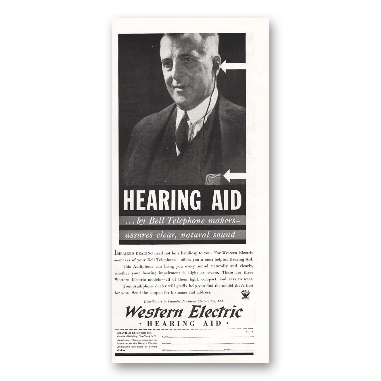 1933 Western Electric Hearing Aid Bell Telephone Makers Vintage Magazine Print Ad