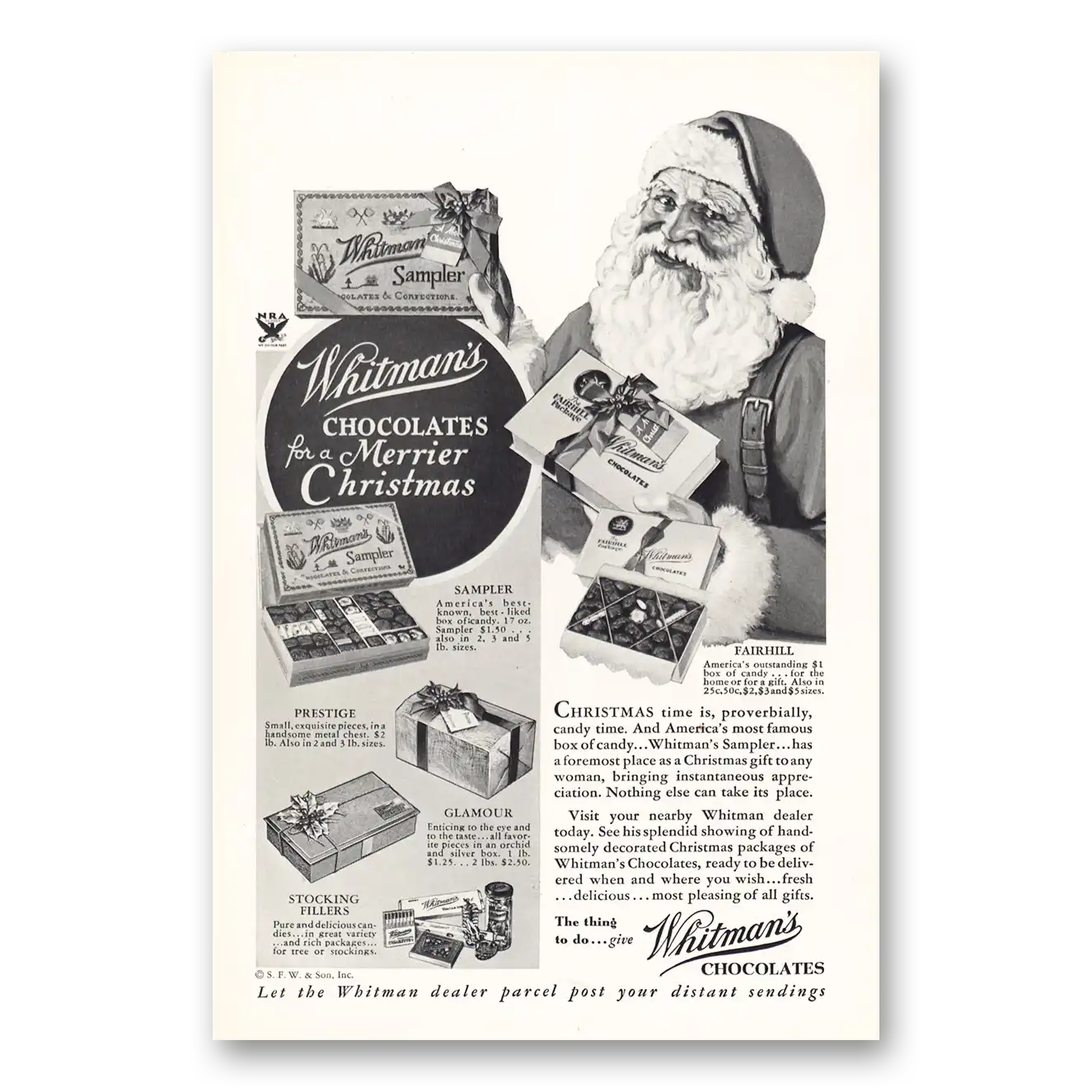 1933 Whitmans Chocolates Santa Claus Merrier Christmas Vintage Magazine Print Ad