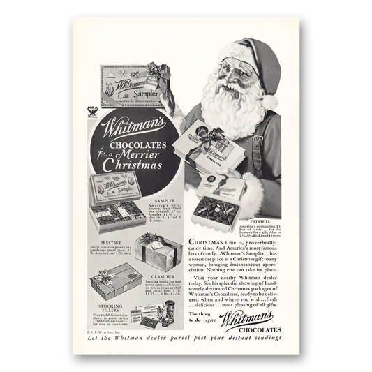 1933 Whitmans Chocolates Santa Claus Merrier Christmas Vintage Magazine Print Ad