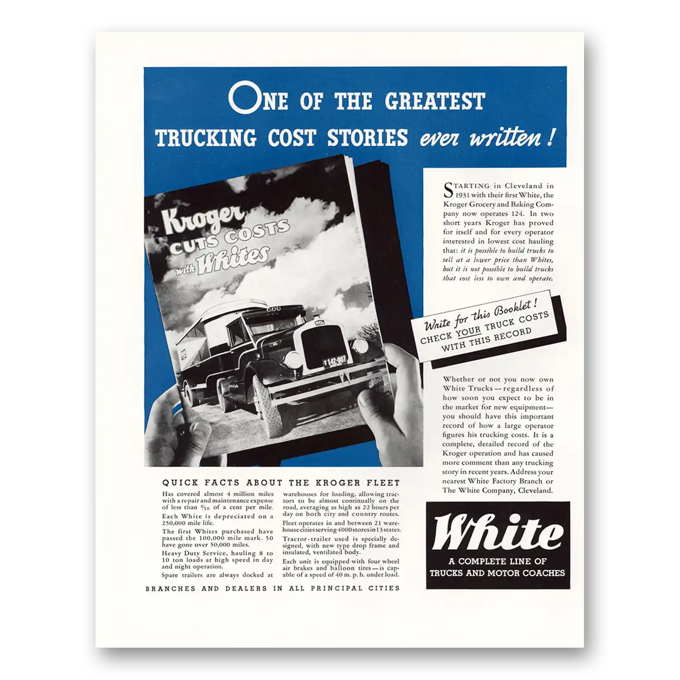 1933 White Trucks Kroger Cuts Costs Vintage Magazine Print Ad