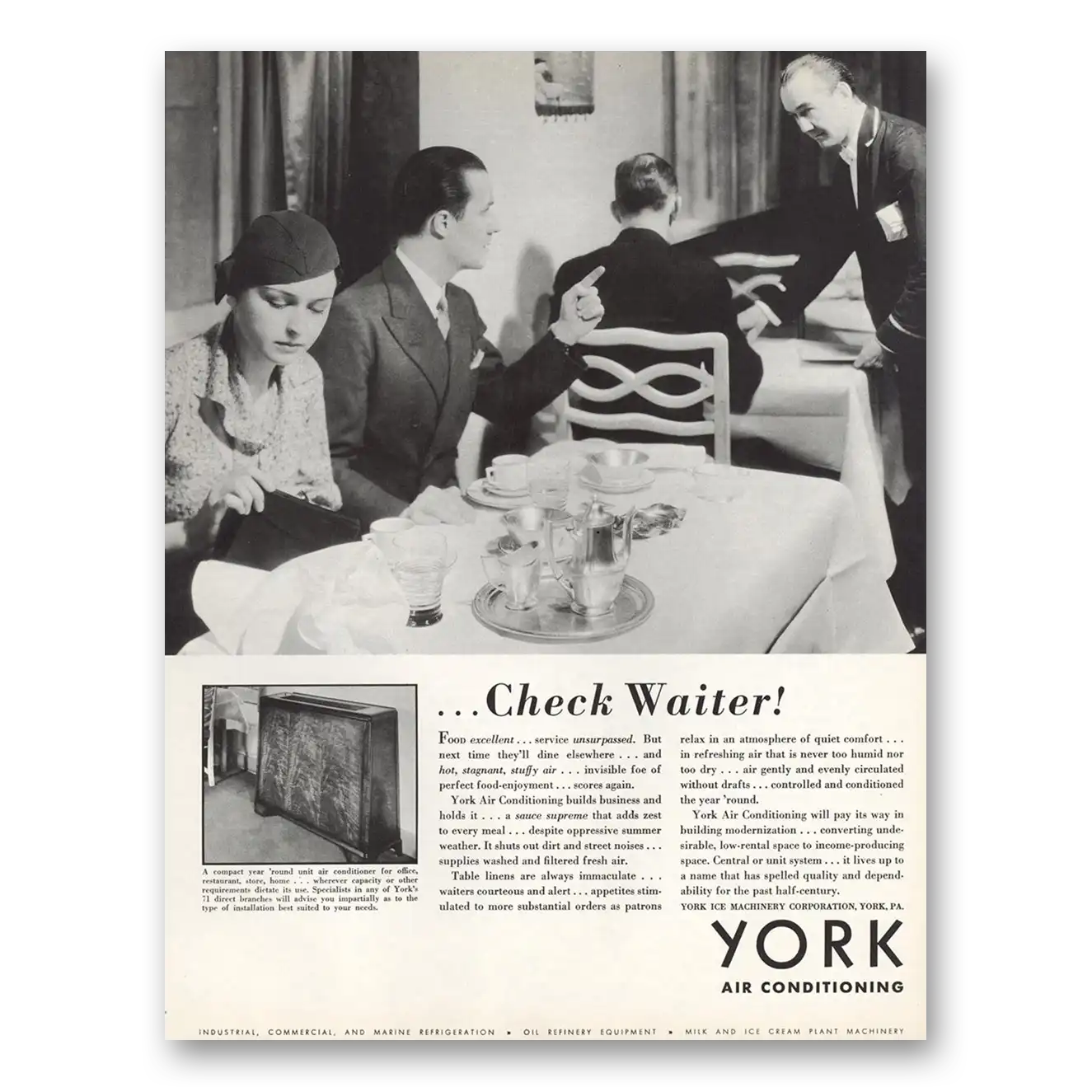 1933 York Air Conditioning Check Waiter Vintage Magazine Print Ad