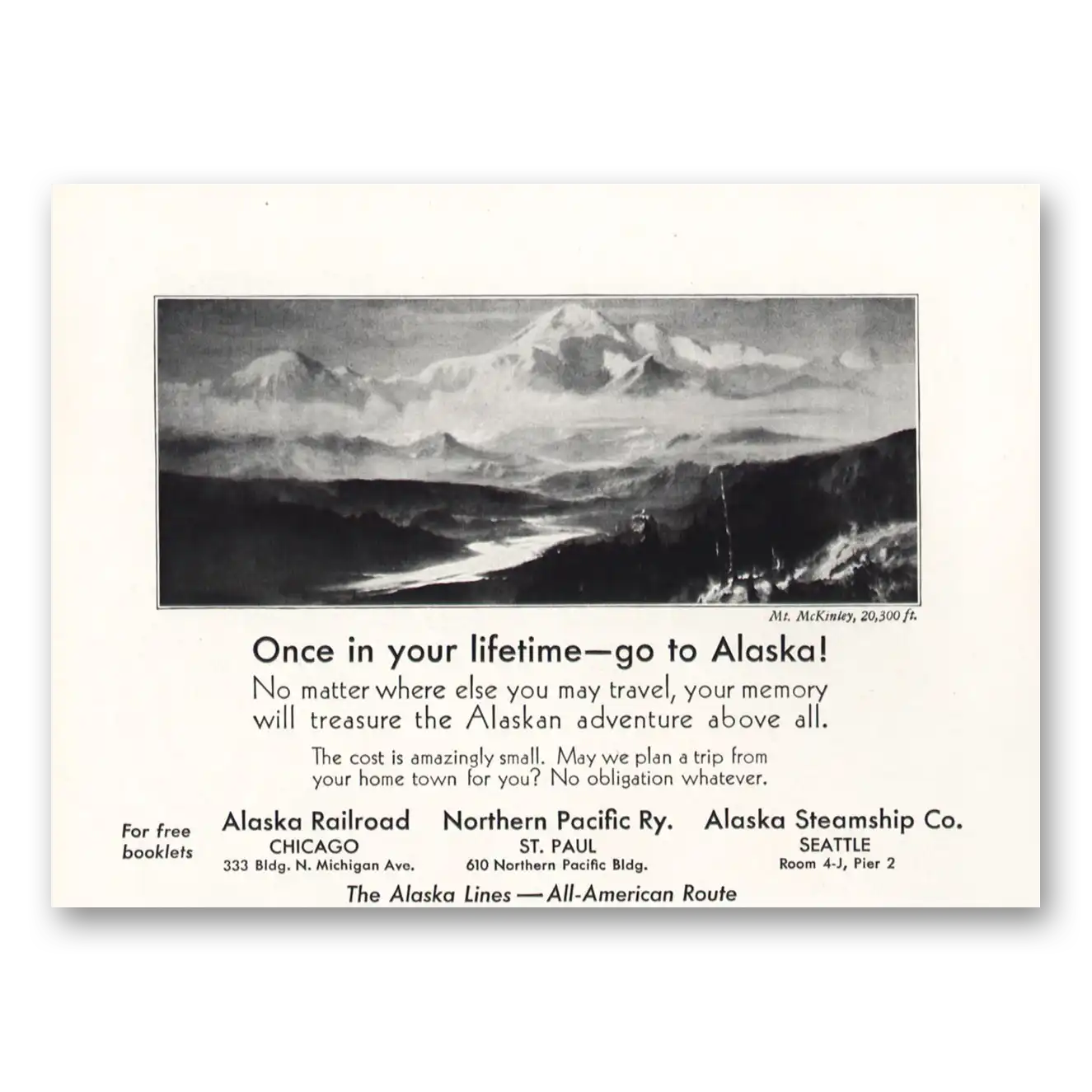 1934 Alaska Lines Mt McKinley Once In Your Lifetime Vintage Magazine Print Ad