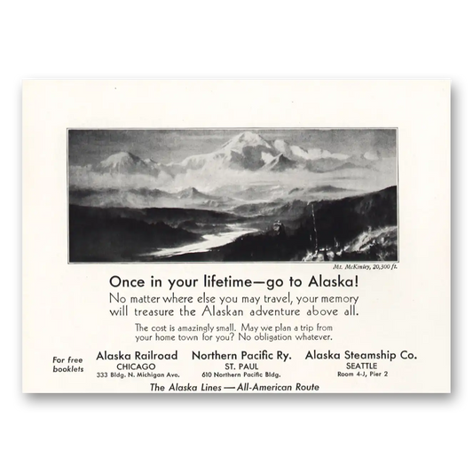 1934 Alaska Lines Mt McKinley Once In Your Lifetime Vintage Magazine Print Ad