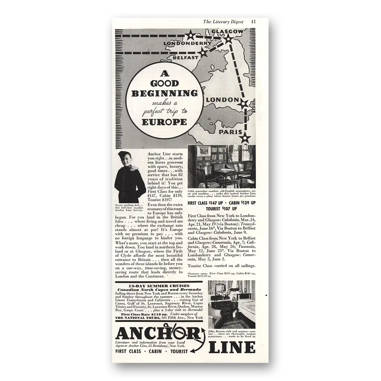 1934 Anchor Line Good Beginning Vintage Magazine Print Ad