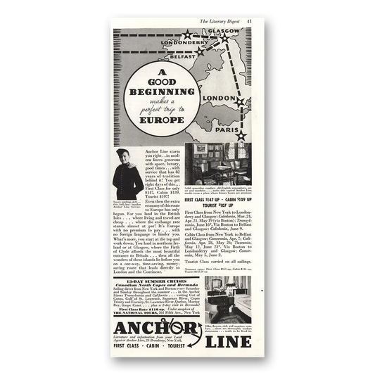 1934 Anchor Line Good Beginning Vintage Magazine Print Ad