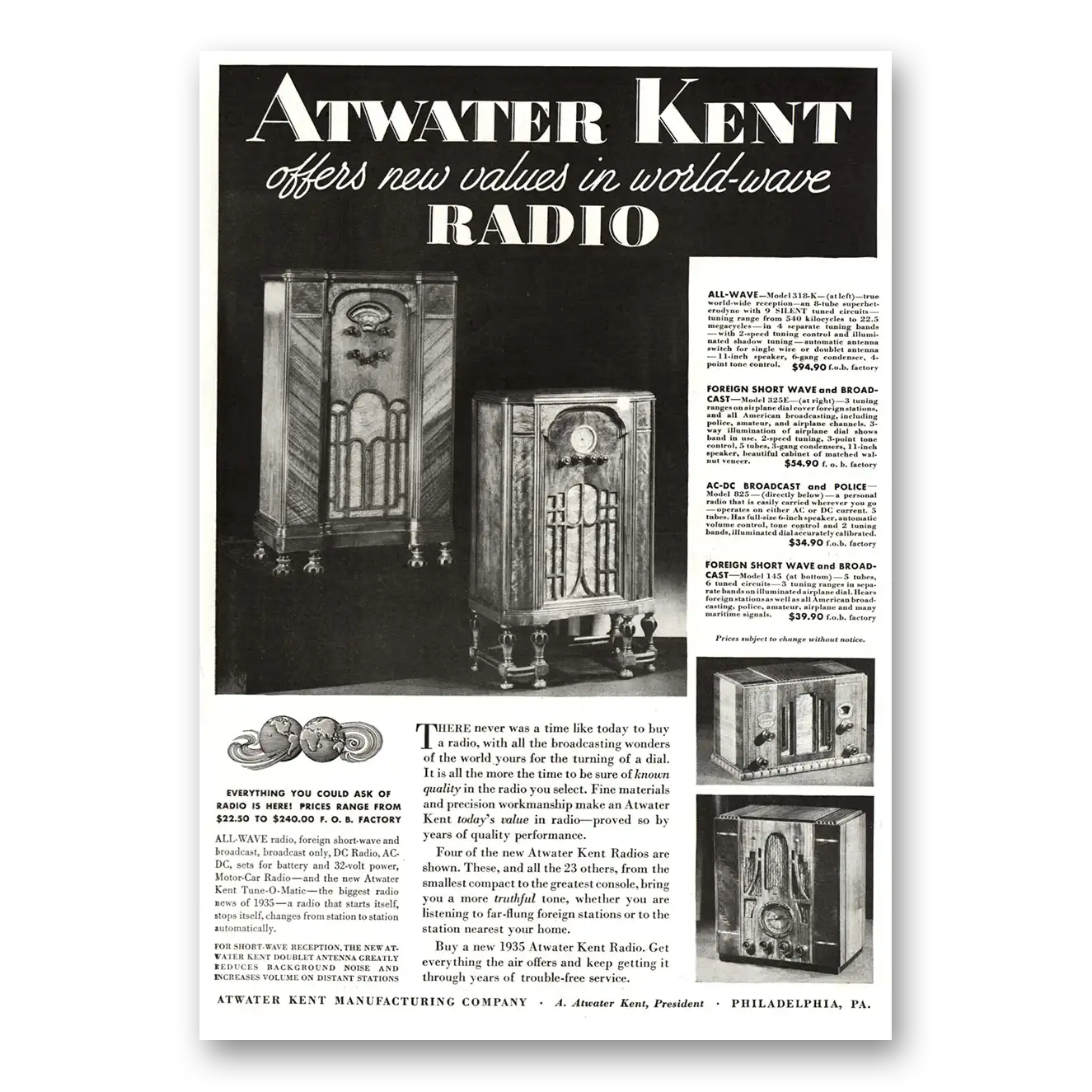 1934 Atwater Kent Radio World Wave Vintage Magazine Print Ad