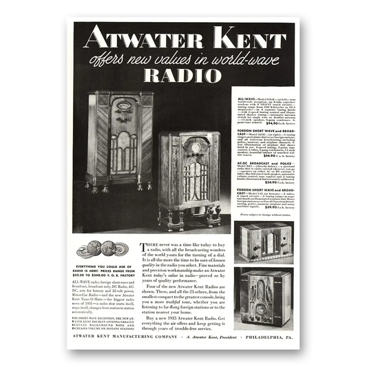 1934 Atwater Kent Radio World Wave Vintage Magazine Print Ad