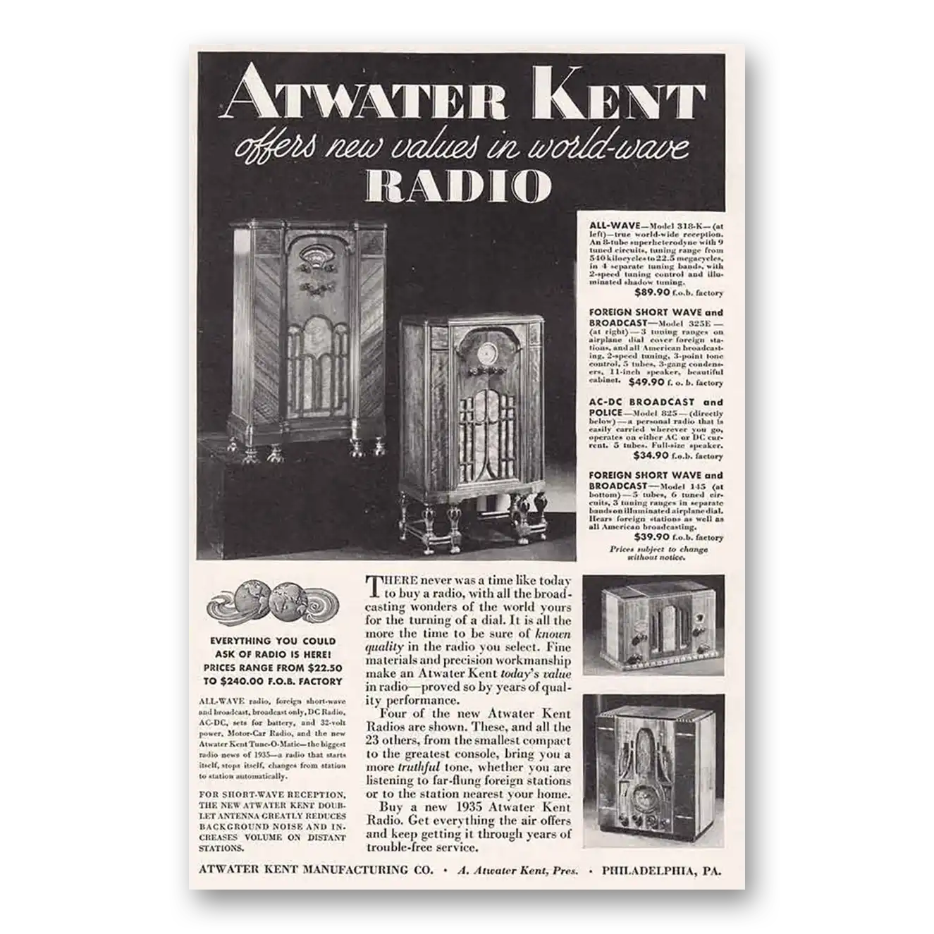 1934 Atwater Kent Radio World Wave Vintage Magazine Print Ad