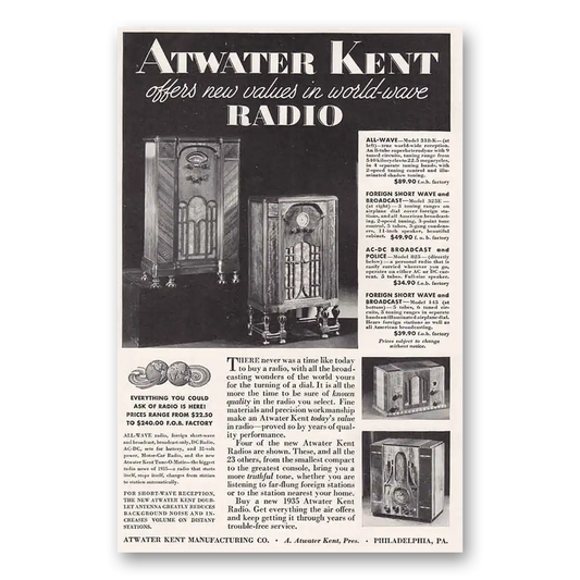 1934 Atwater Kent Radio World Wave Vintage Magazine Print Ad