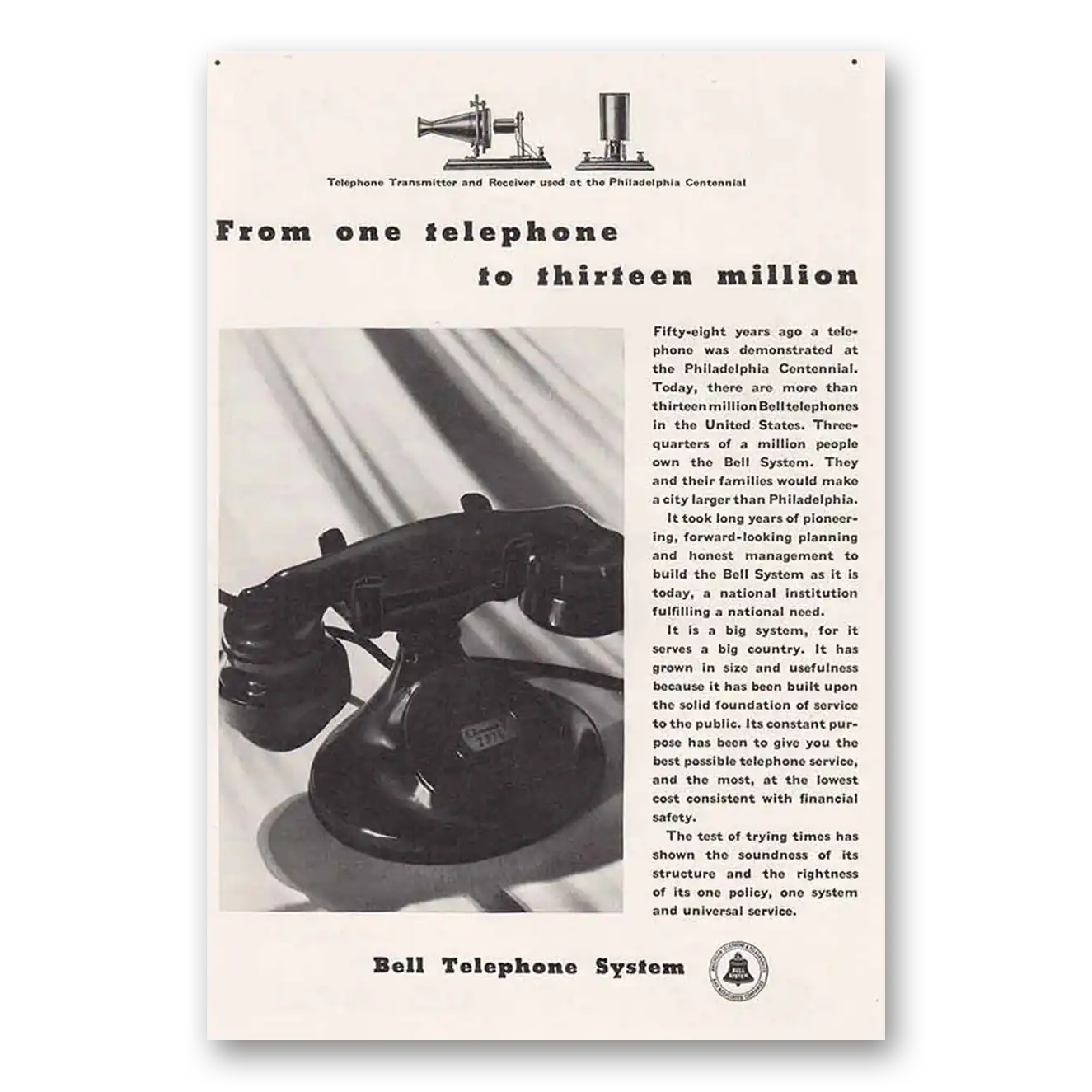 1934 Bell Telephone System Thirteen Million Vintage Magazine Print Ad