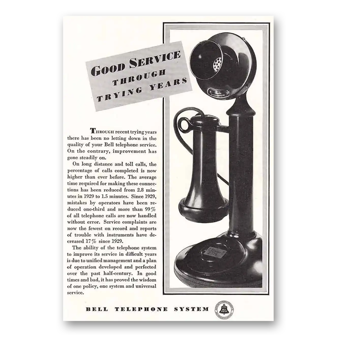 1934 Bell Telephone Good Service Through Trying Years Vintage Magazine Print Ad