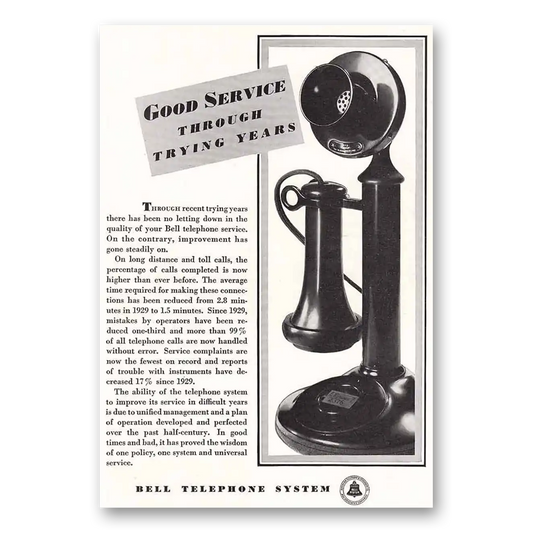 1934 Bell Telephone Good Service Through Trying Years Vintage Magazine Print Ad