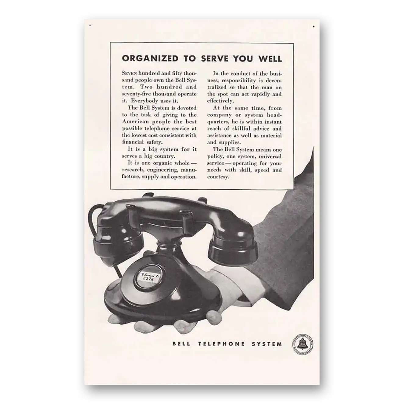 1934 Bell Telephone Organized to Serve You Well Vintage Magazine Print Ad