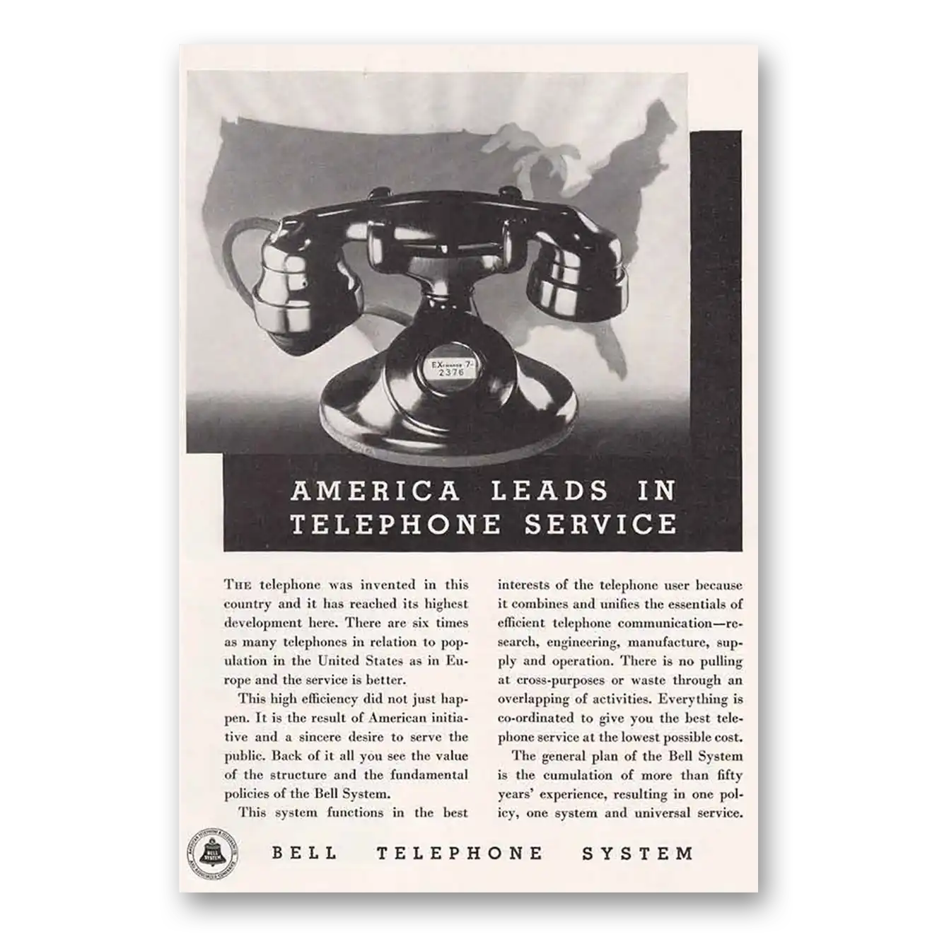 1934 Bell Telephone America Leads Vintage Magazine Print Ad