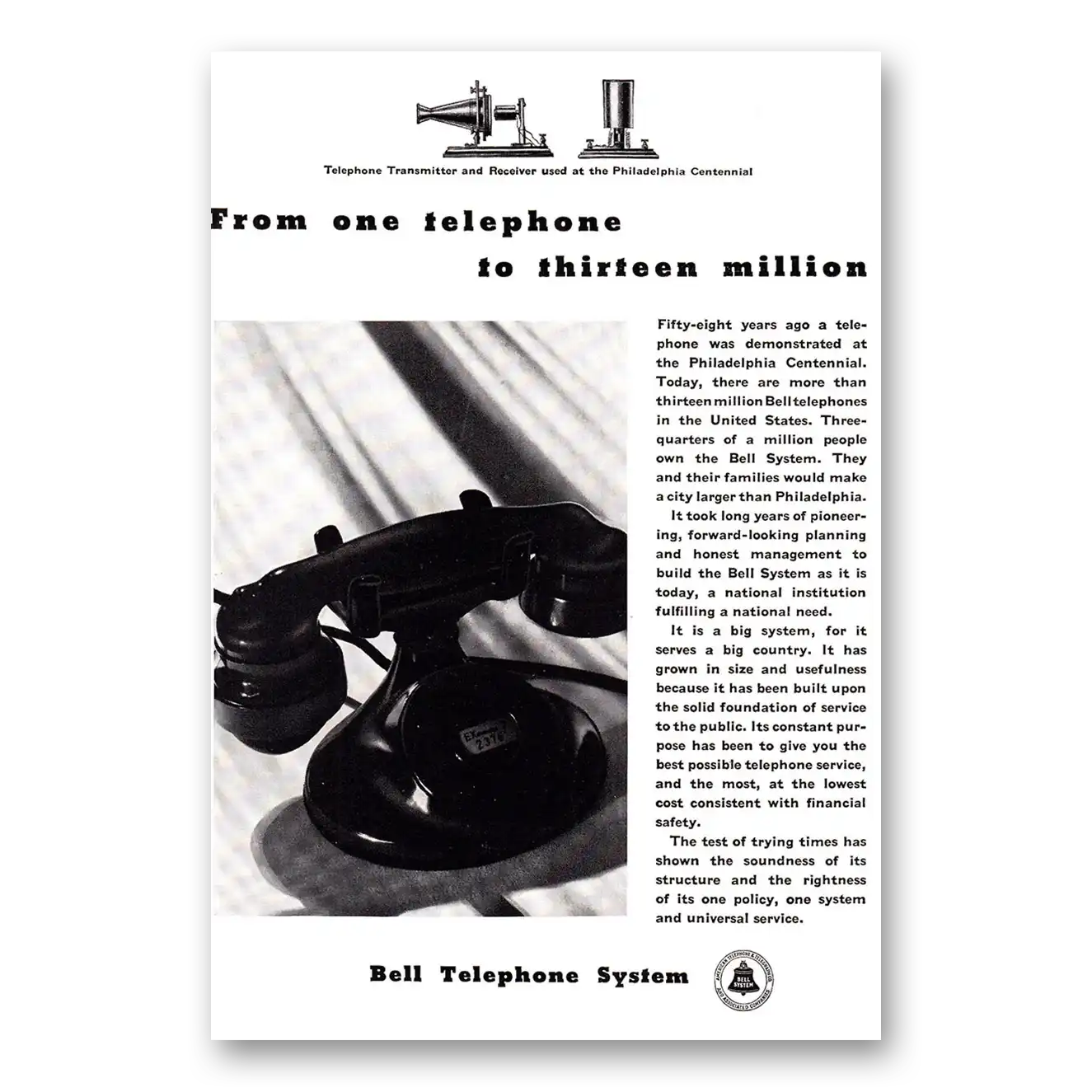 1934 Bell Telephone From One Telephone to Thirteen Million Vintage Magazine Print Ad