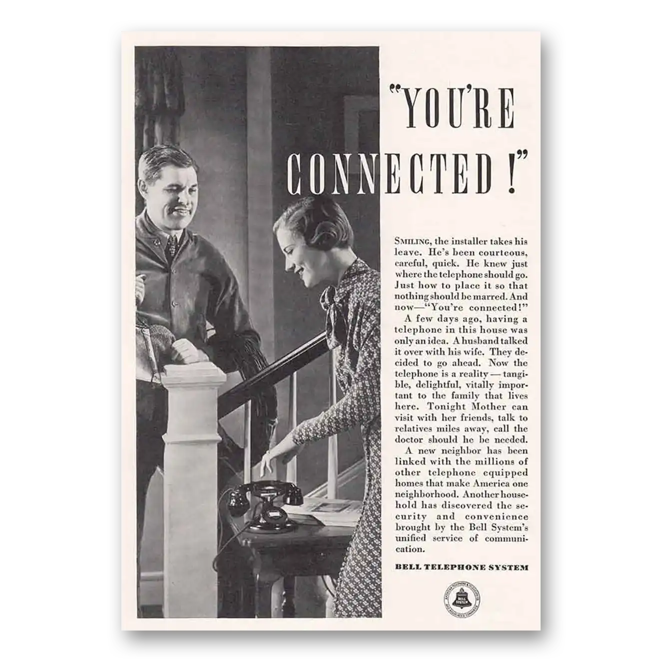 1934 Bell Telephone System You're Connected Vintage Magazine Print Ad