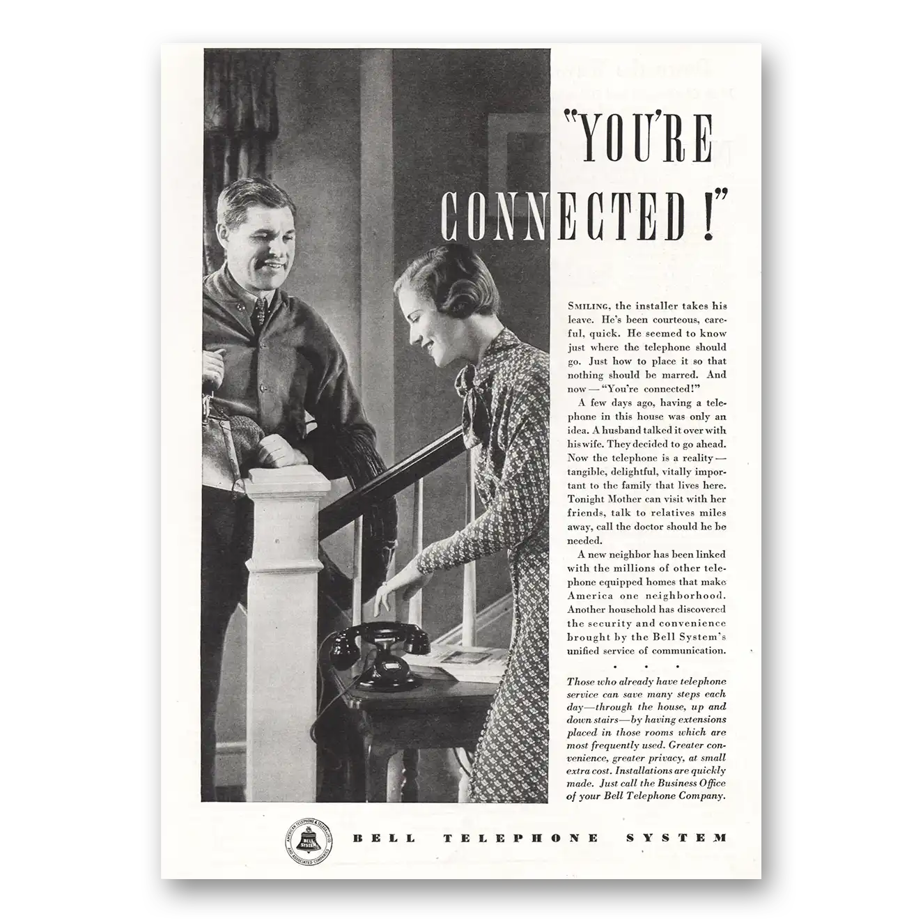 1934 Bell Telephone You're Connected Vintage Magazine Print Ad