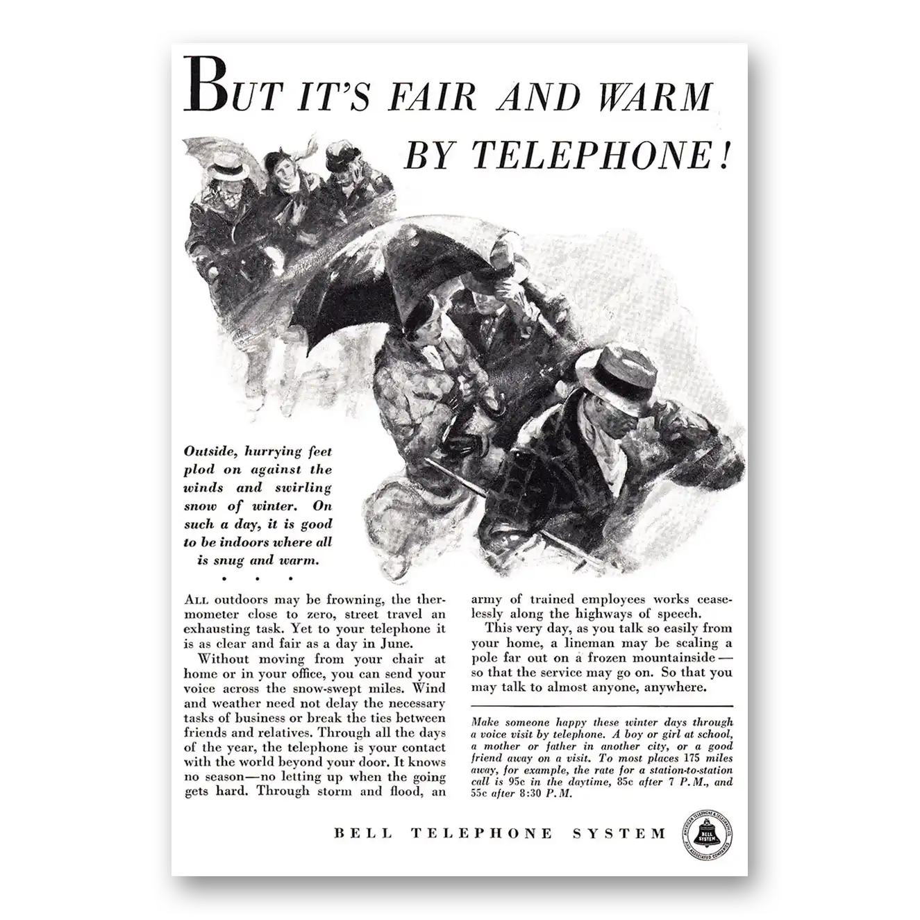 1934 Bell Telephone But Its Fair and Warm By Telephone Vintage Magazine Print Ad