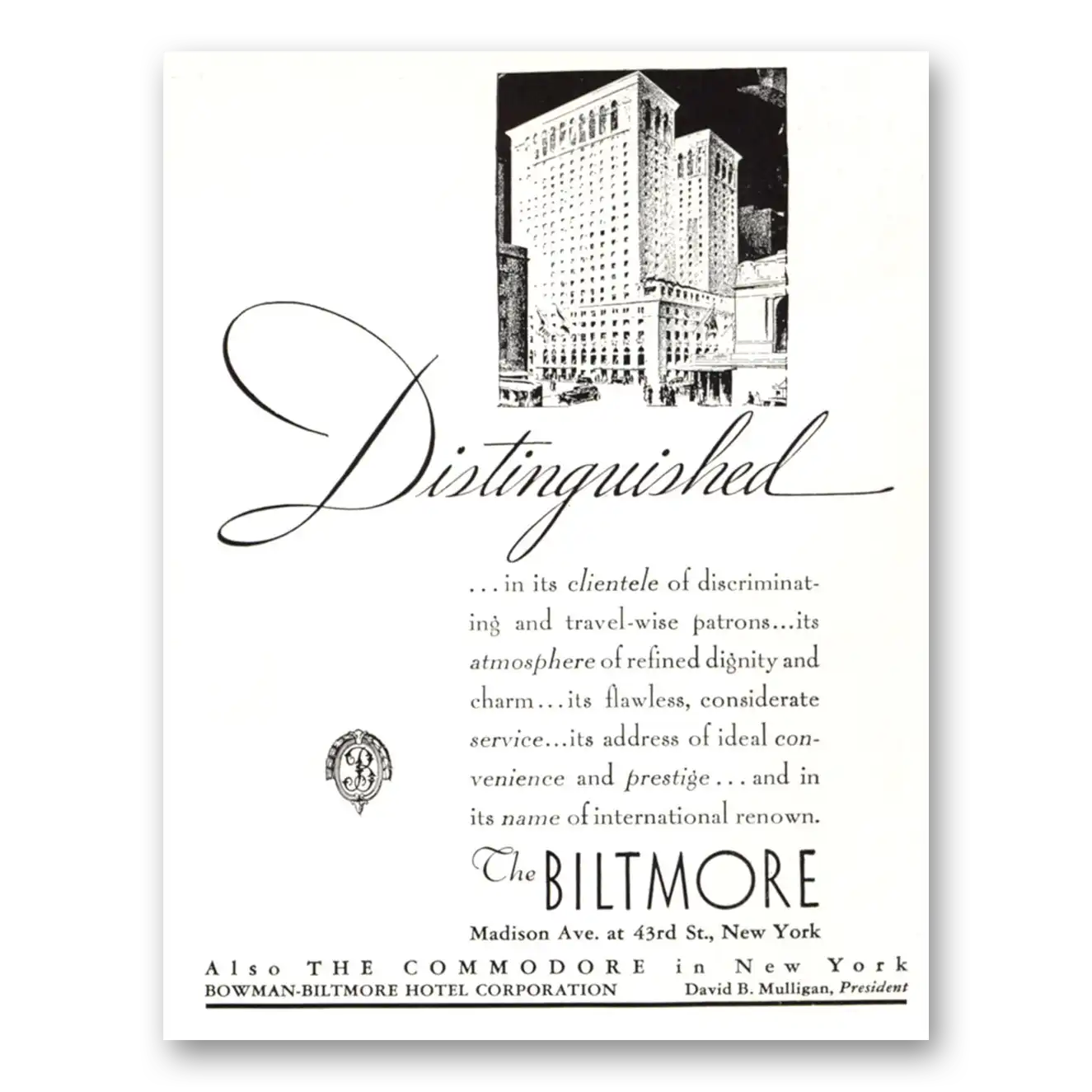 1934 Biltmore Hotel Distinguished Vintage Magazine Print Ad