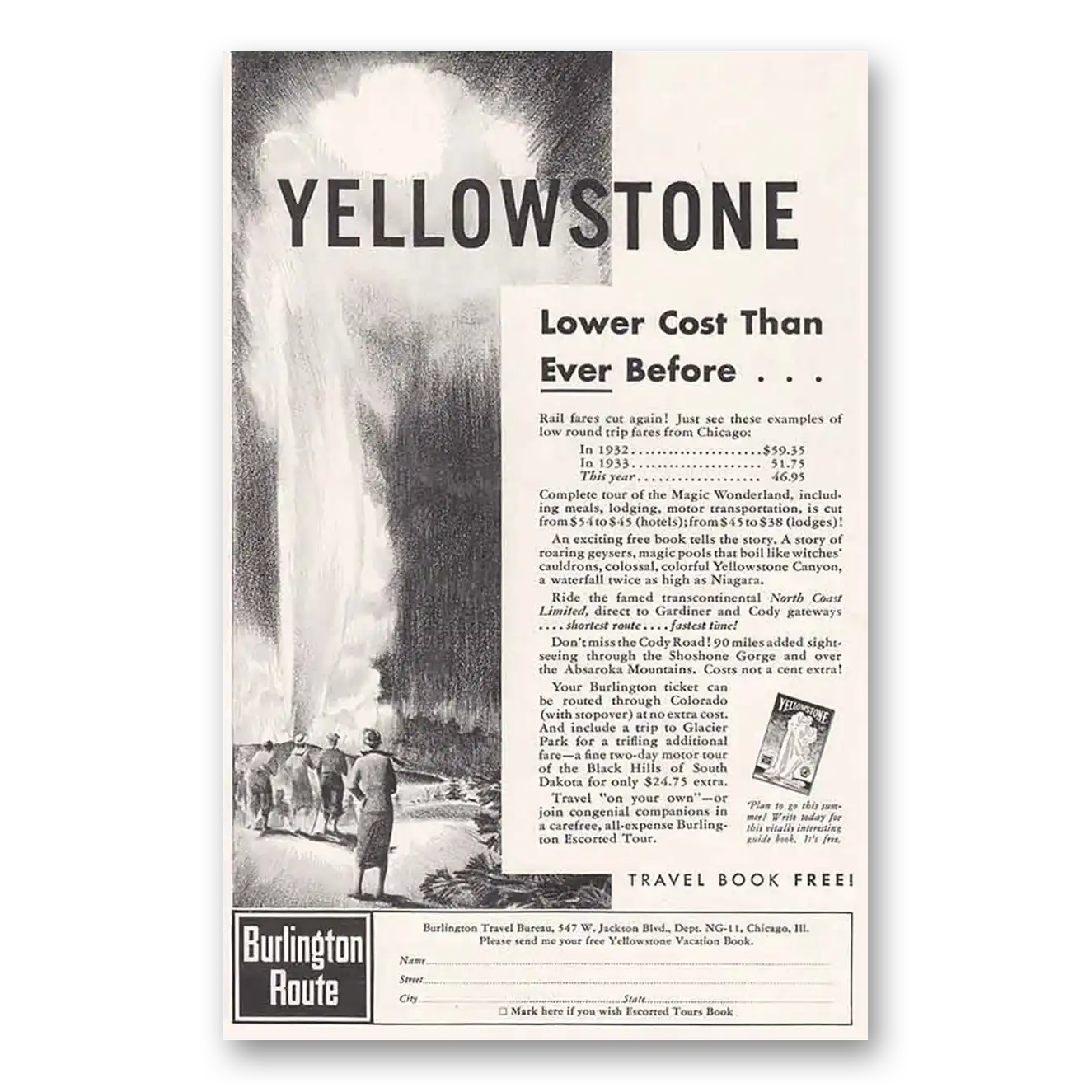 1934 Burlington Route Yellowstone Lower Cost Than Ever Before Vintage Magazine Print Ad