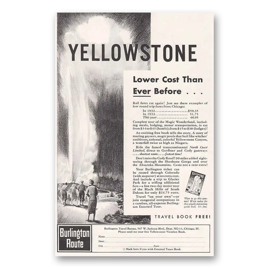 1934 Burlington Route Yellowstone Lower Cost Than Ever Before Vintage Magazine Print Ad