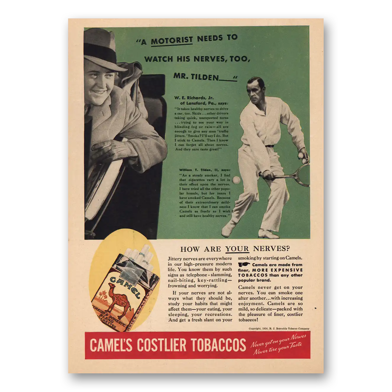 1934 Camel Cigarettes Motorist Watch Nerves Mr Tilden Vintage Magazine Print Ad