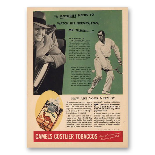 1934 Camel Cigarettes Motorist Watch Nerves Mr Tilden Vintage Magazine Print Ad