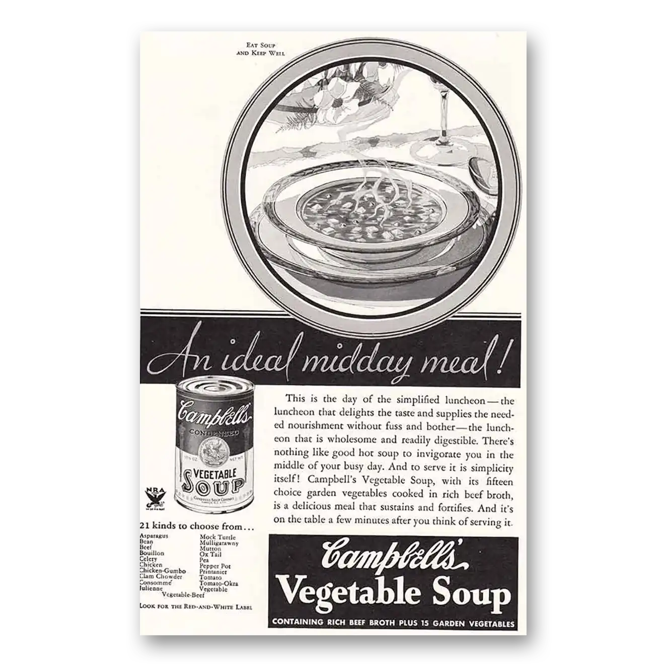 1934 Campbells Vegetable Soup An Ideal Midday Menu Vintage Magazine Print Ad