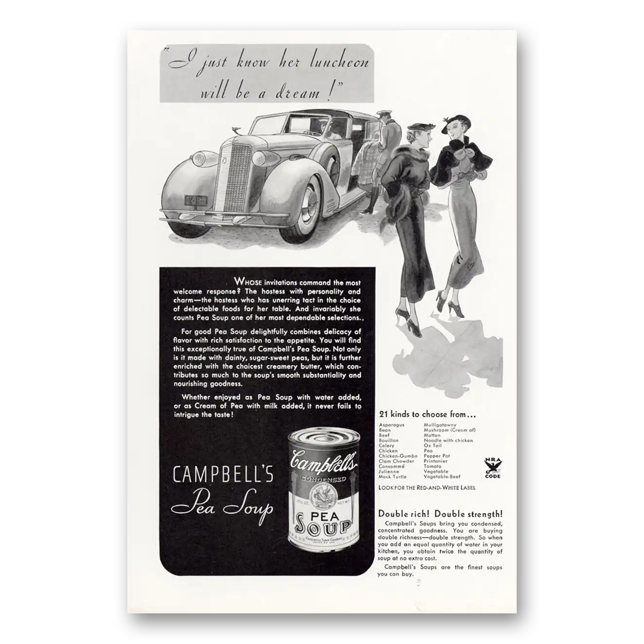 1934 Campbells Pea Soup Luncheon Will Be A Dream Vintage Magazine Print Ad