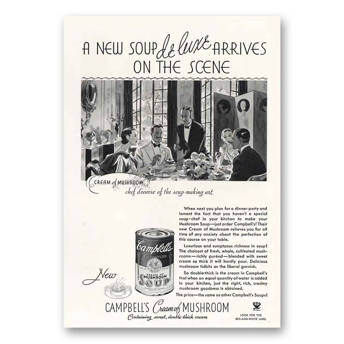 1934 Campbells Cream of Mushroom Soup New Soup Deluxe Vintage Magazine Print Ad