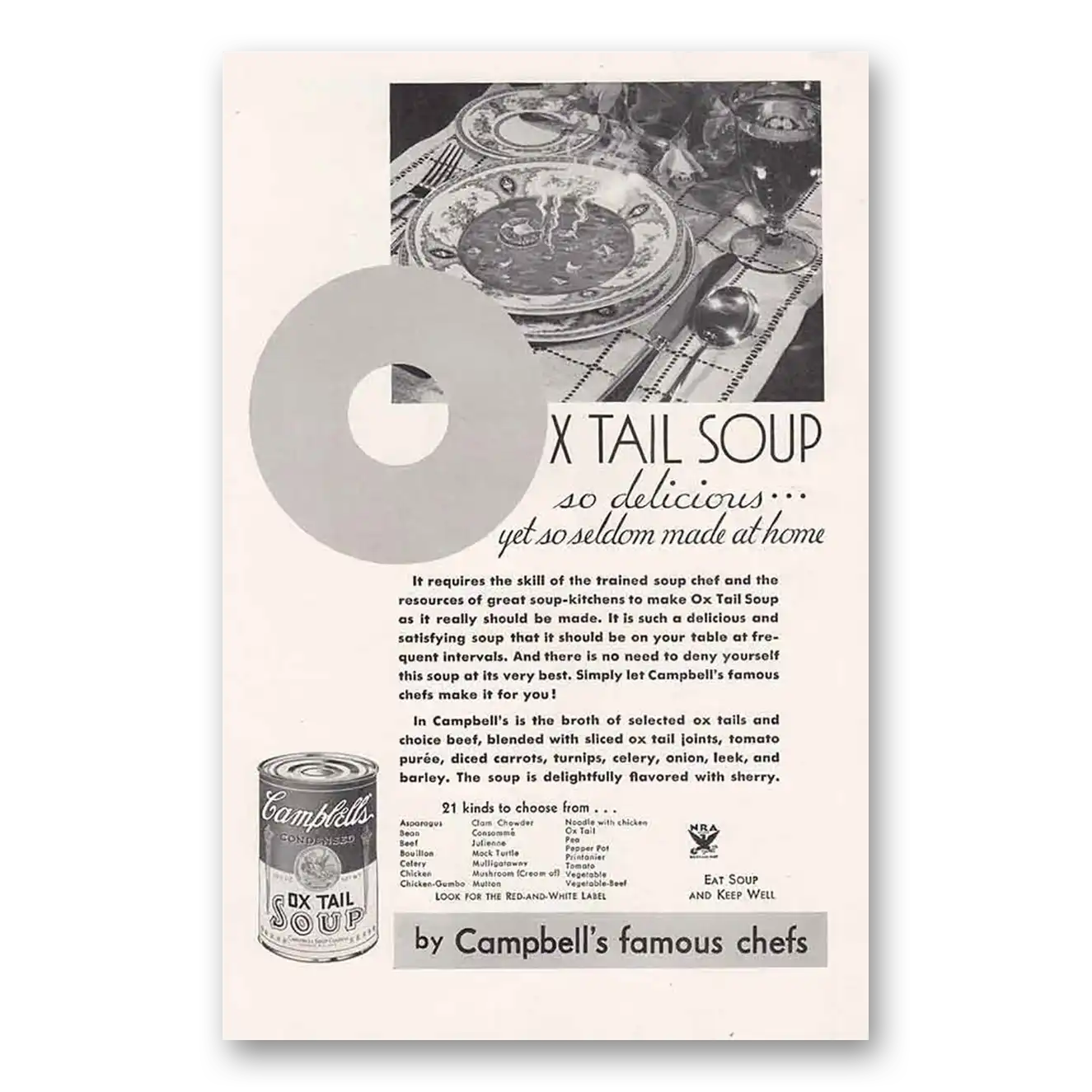 1934 Campbells Ox Tail Soup So Seldom Made at Home Vintage Magazine Print Ad