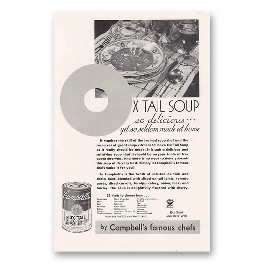 1934 Campbells Ox Tail Soup So Seldom Made at Home Vintage Magazine Print Ad