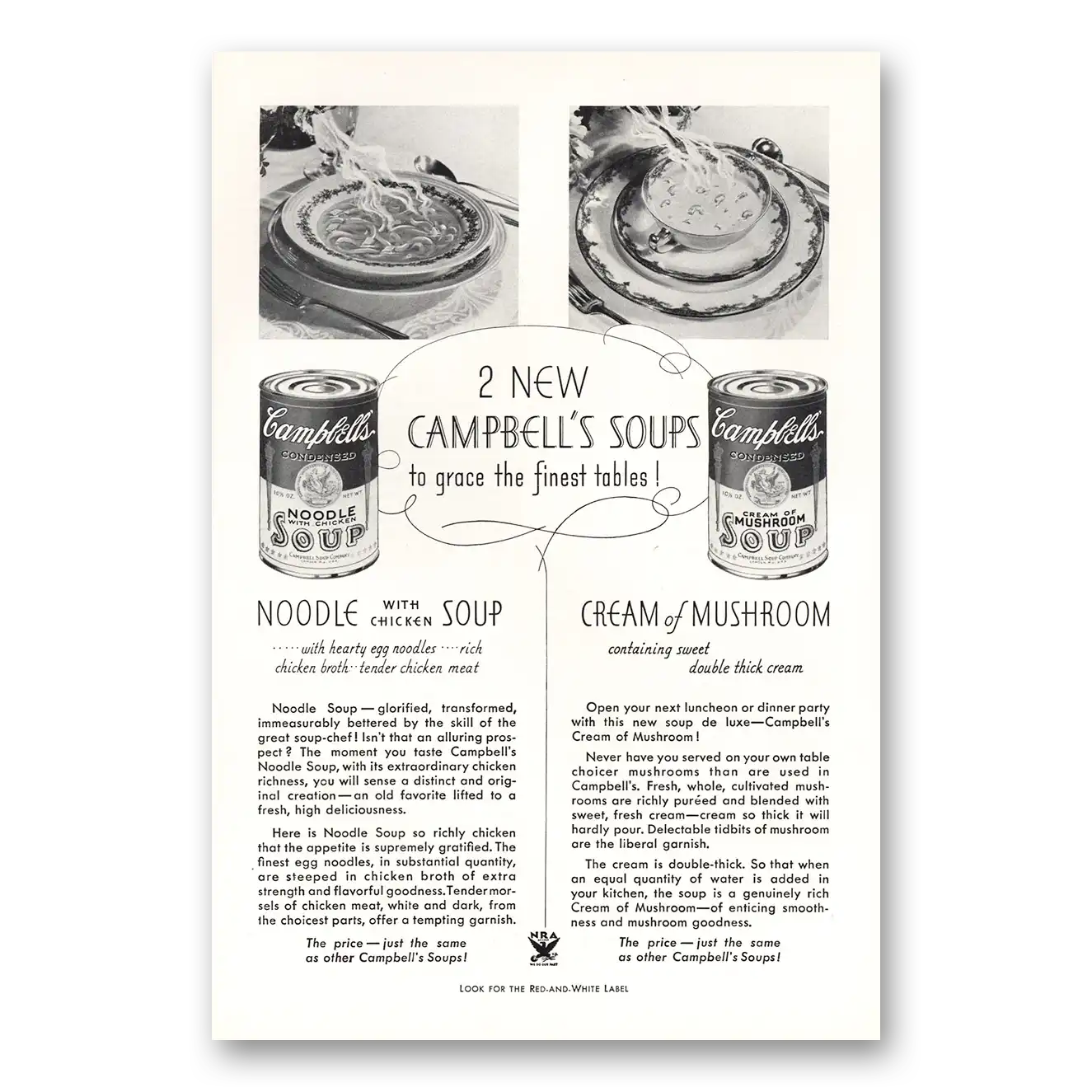 1934 Campbells Soup Noodle with Chicken Cream of Mushroom Vintage Magazine Print Ad