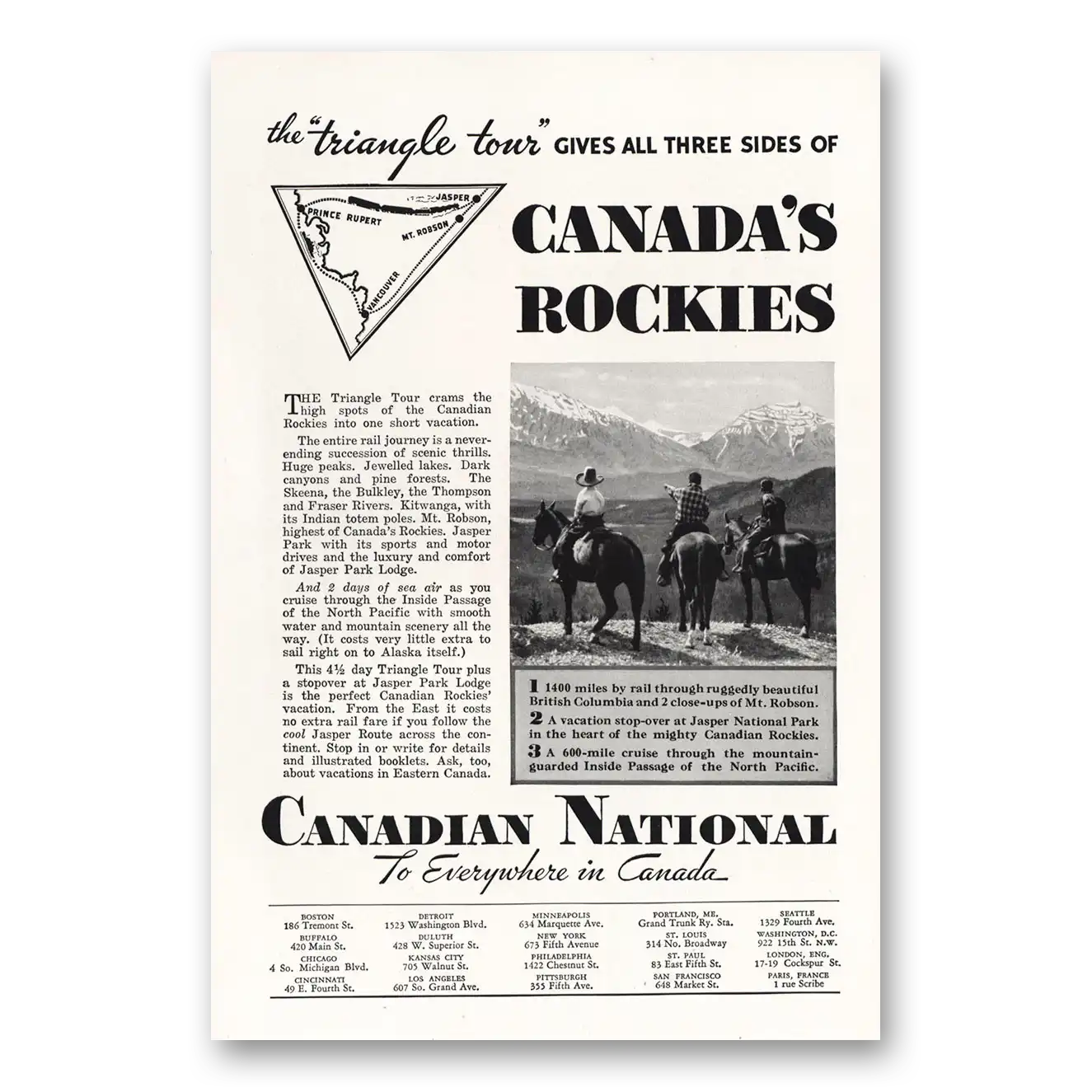 1934 Canadian National Railways Triangle Tour Canadas Rockies Vintage Magazine Print Ad