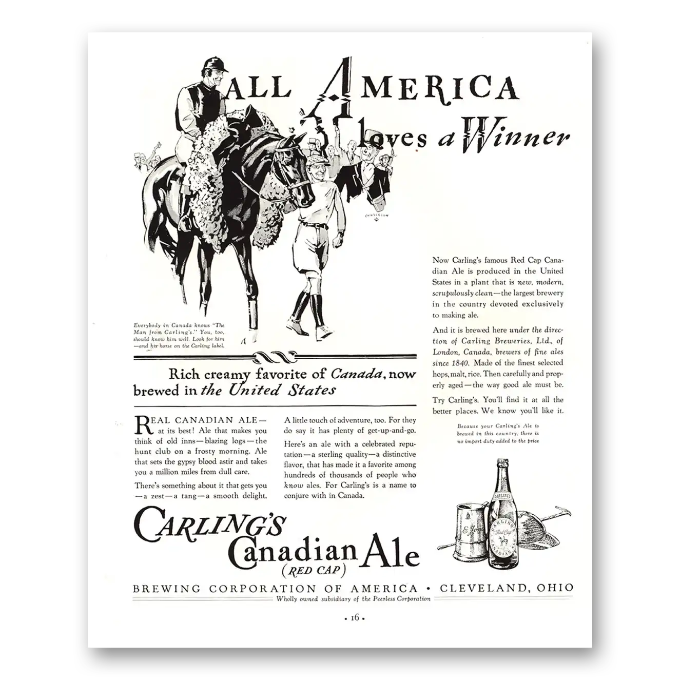 1934 Carlings Red Cap Ale Carlings Canadian Ale All America Loves a Winner Vintage Magazine Print Ad