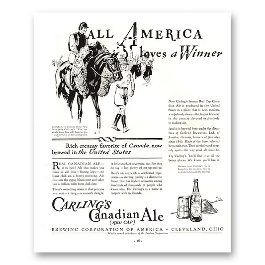 1934 Carlings Red Cap Ale Carlings Canadian Ale All America Loves a Winner Vintage Magazine Print Ad