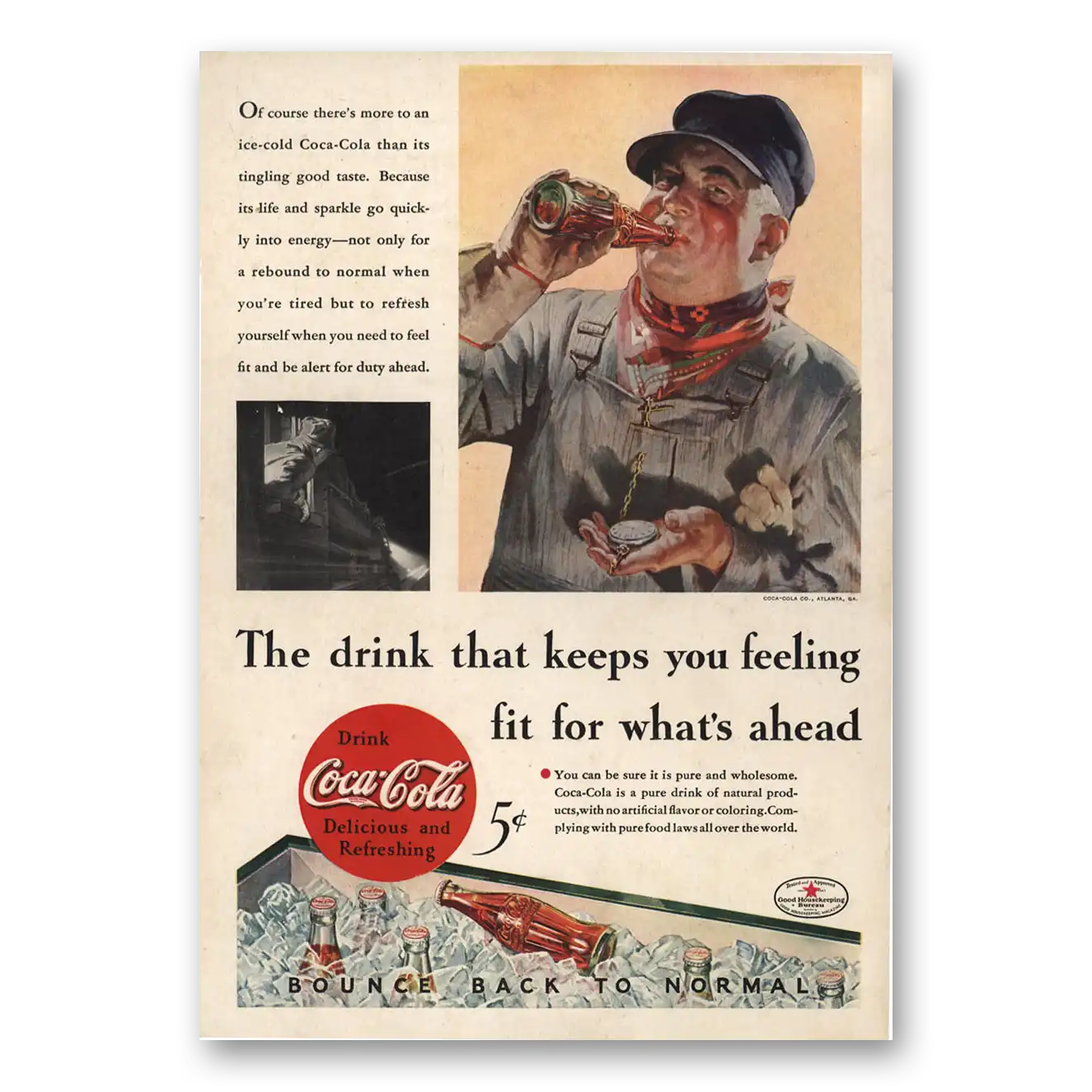 1934 Coca Cola Keeps Your Feeling Fit Railway Vintage Magazine Print Ad