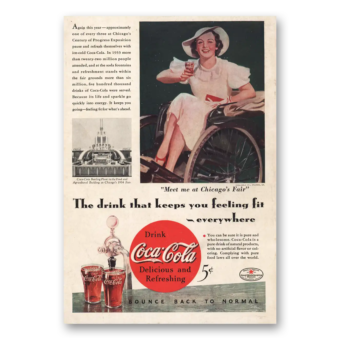 1934 Coca Cola Meet Me at the Chicagos Fair Wheelchair Vintage Magazine Print Ad