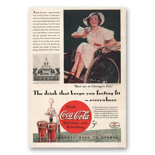 1934 Coca Cola Meet Me at the Chicagos Fair Wheelchair Vintage Magazine Print Ad