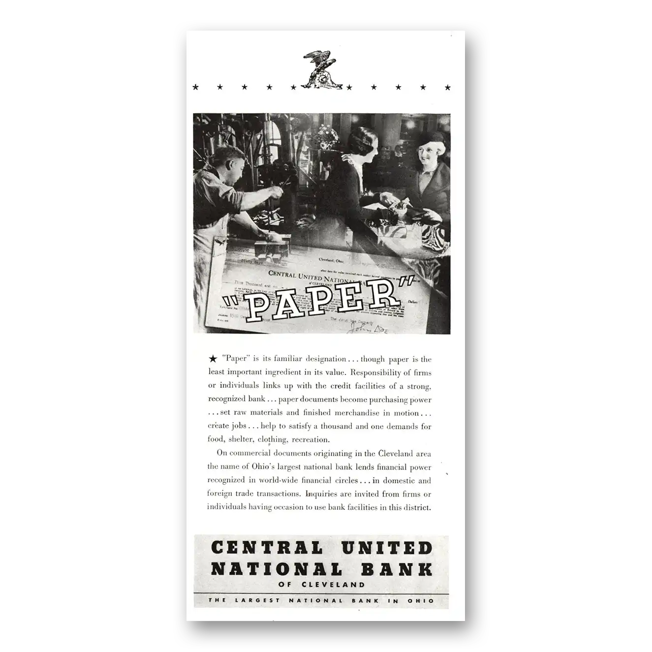 1934 Central United National Bank Paper Familiar Designation Vintage Magazine Print Ad