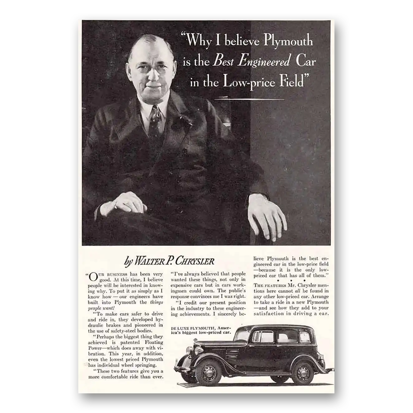 1934 Plymouth Best Engineered Car Walter P Chrysler Vintage Magazine Print Ad