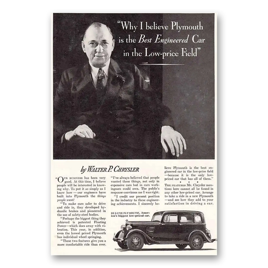 1934 Plymouth Best Engineered Car Walter P Chrysler Vintage Magazine Print Ad