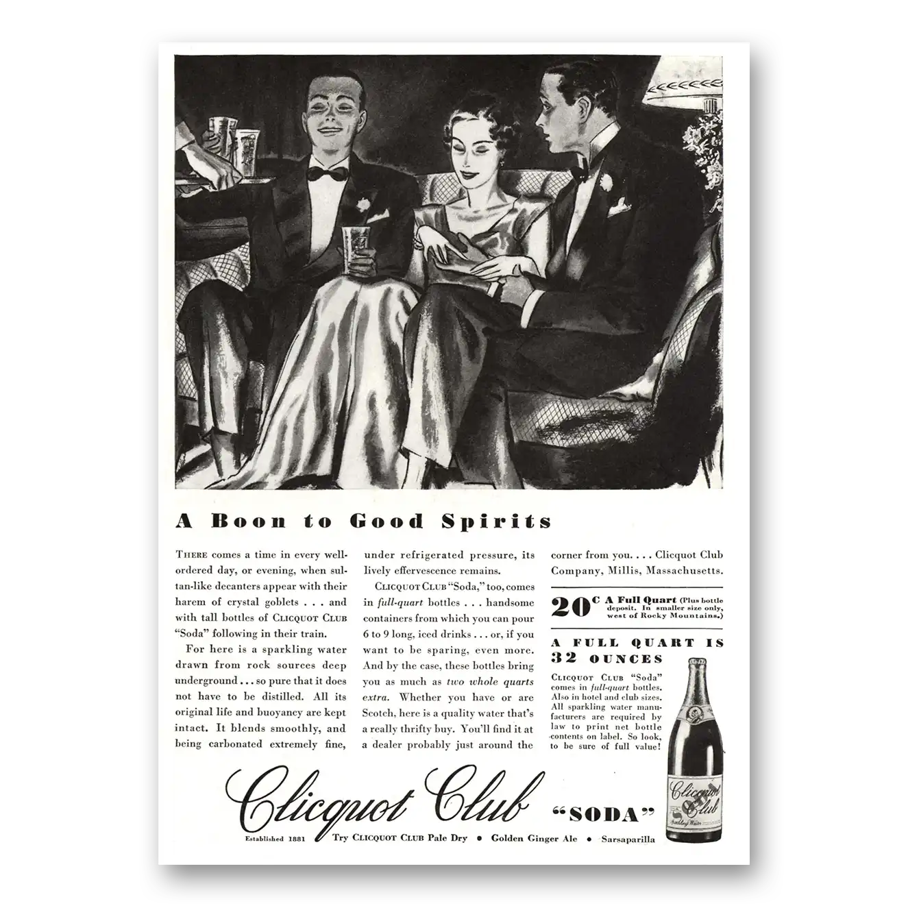 1934 Clicquot Club Soda Boon to Good Spirits Vintage Magazine Print Ad